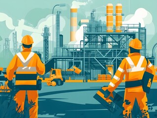 Poster - Illustration of workers in safety gear observing a modern industrial site