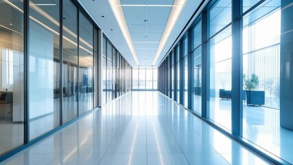 Poster - Bright illuminated modern office corridor hallway with glass walls, potted plants, and reflective tile floor creates a clean and professional setting.