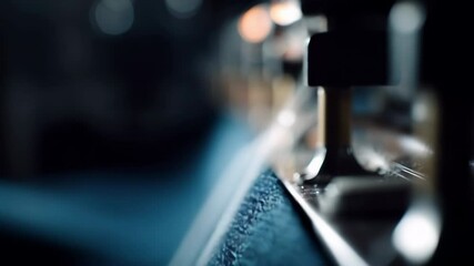 Poster - industrial sewing machine rapidly stitching blue fabric while spraying fine water mist for lubricati
