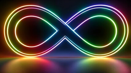 Poster - Vibrant, neon infinity symbol glowing with rainbow colors on a dark background with colorful reflections creating visual depth