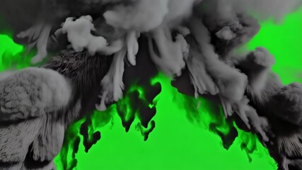 Poster - Stylized explosion effect with dynamic billowing smoke and dust particles on a bright green screen background for visual compositing