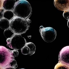 Poster - seamless texture a features transparent bubbles in various colors, floating against dark background. perfect for versatile design backgrounds and unique visual effects.