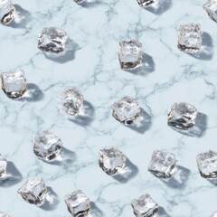 Poster - seamless a pattern showcasing ice cubes scattered across marble-textured background. ideal for digital design and creative projects, providing an elegant unique visual touch.