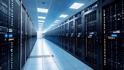 Poster - Endless corridor of server racks and networking equipment in a data center, bright lights in the ceiling and dark hardware