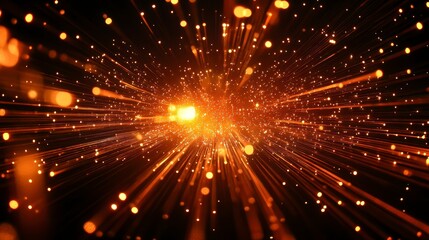 Poster - Abstract glowing orange light streaks and particles radiating from center on black background.