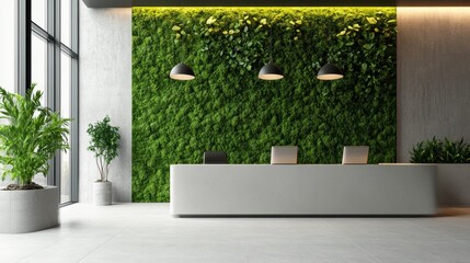 Poster - Modern office reception area with a green living wall, plants, and minimalist design.