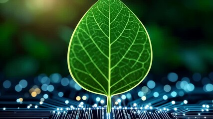 Poster - Isolated lush green leaf on a circuit board with glowing blue lights, signifying environmental technology and sustainable digital solutions.
