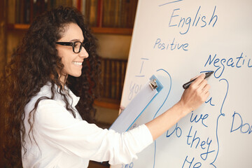 Poster - Education And Knowledge Concept. Closeup of smiling curly woman in eyeglasses writing on whiteboard with marker, teaching English language grammar rules to her students, holding clipboard