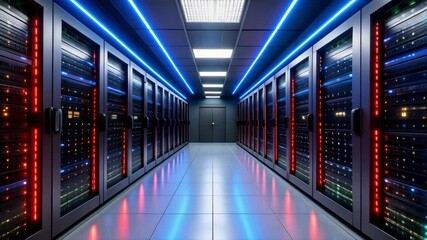 Poster - Long server room with rows of data storage equipment and glowing LED lights, showcasing data centers and IT infrastructure.