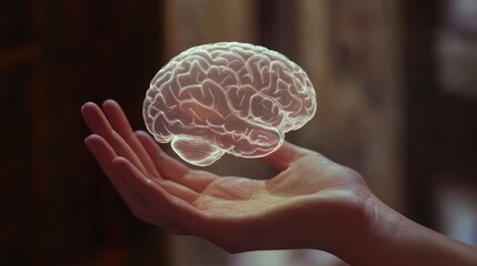 Poster - A glowing human brain hovers above an open hand, symbolizing intelligence, knowledge, and mental health.