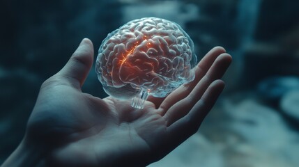 Poster - Hand holding a glowing transparent brain model.