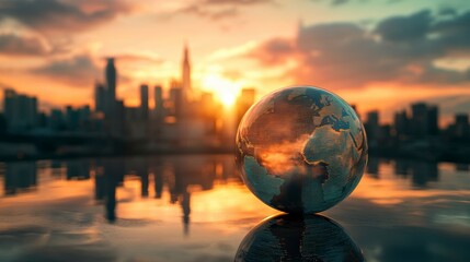 Fototapete - Glass globe reflecting city skyline at sunset.