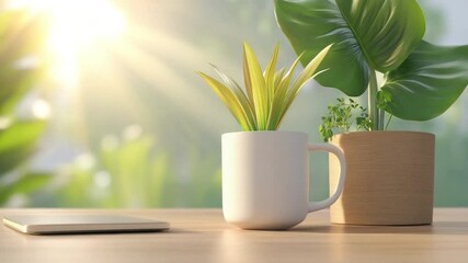 Aufkleber - Greenery and Technology: A modern minimalist setup featuring verdant houseplants in ceramic pots, basking in the soft morning light near a tablet.