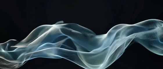 Poster - Data surface like light fabric or mesh, abstract waves of nano material on black background, concept of nanotechnology, ai technology, tech.