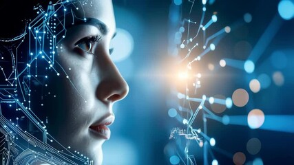 Poster - Woman profile view digital integration and circuit board design for futuristic technology and artificial intelligence concept on gradient blue background