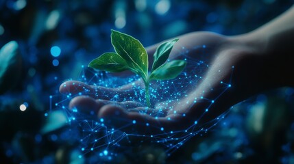 Poster - Hand holding a small plant with glowing blue network.