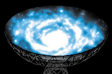Astronomical dish receiving cosmic signals with swirling galaxies and a vibrant blue nebula illuminating the night sky representing exploration of outer space and the mysteries of the universe