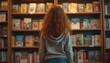 © Vadym - Back view of young girl in bookstore. She stands in front of bookshelves looking at books. The scene evokes feelings of study and learning. Books on shelves, knowledge. Education, literature.