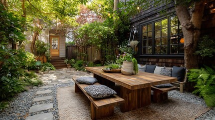Poster - A cozy backyard retreat with a wooden table, soft sofa, and grill, nestled amidst a lush green garden