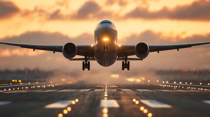 Poster - A large jetliner taking off from an airport runway at sunset or dawn with the landing gear down and the landing gear down, as the plane is about to take off