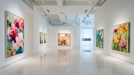 Aufkleber - An art gallery with beautiful paintings displayed on minimalist white walls