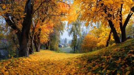 Poster - Beautiful bright colorful autumn landscape with a carpet of yellow leaves, natural park with autumn trees on a bright sunny day