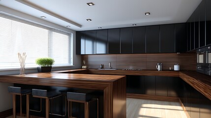 Aufkleber - Black and dark wooden colour kitchen builtin furniture home interior design background kitchen design with stylish colour and material scheme decorating kitchen in daylight