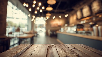 Aufkleber - blurred coffee shop and restaurant interior background with empty wooden table, use for products dis