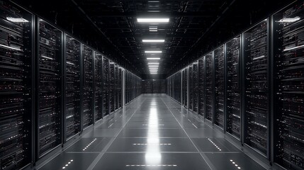 Poster - Cinematic data center full of server racks, server networking room or server center providing cloud storage facility and controlled and secure environment for hosting or storage devices