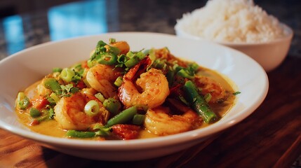 Poster - Coconut shrimp curry served with rice, creamy shrimp curry