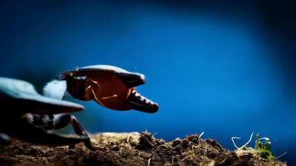 Detailed close-up of a black scorpion with pincers raised menacingly on dark soil and gradient blue background