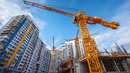 Poster - Construction site and yellow crane on the background blue sky, panoramic -