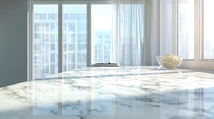 Aufkleber - Empty marble countertop shining in the light in a modern kitchen, product placement display space