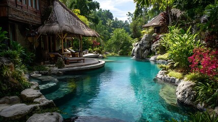 Aufkleber - Exotic oasis in bali, a tropical swimming pool, nestled amidst the breathtaking scenery of indonesia, s enchanting island, beautiful art of