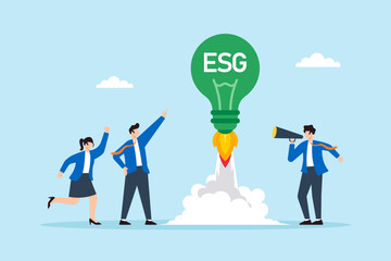 Poster - Flat illustration of employees launching green ESG lightbulb rocket as symbol of innovative sustainability breakthrough