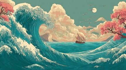 Poster - Great wave in ocean as japanese style illustration wallpaper
