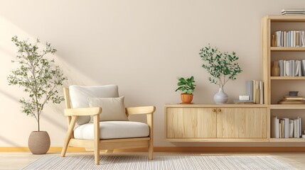 Poster - Home beautiful interior template mockup living room design background cosy armchair with wooden cabinet bookshelf bright clean and clear interior space home background design
