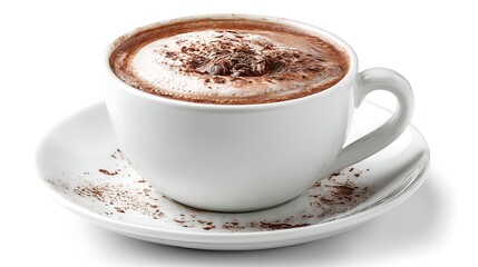 Poster - Hot chocolate cocoa drink in white ceramic cup isolated on white background, top view