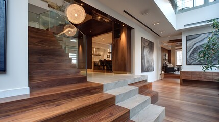 Aufkleber - Luxury contemporary interior design in a multi storey home with sleek wooden stairs and custom cabinets under them for storage