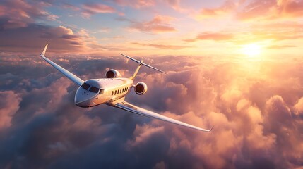 Poster - Luxury private jet flying above the clouds, beautiful sunset on background, travel and airplane concept
