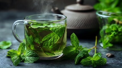 Poster - Mint tea with fresh leaves close up