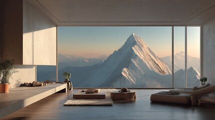 Poster - Modern architectural interior with mountain view at dawn highlighting minimal design elements
