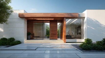Poster - Modern house facade, main entrance of living building, door of luxury building with backyard in front