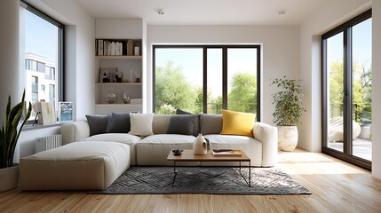Aufkleber - Modern scandinavian living room with design furniture and big glasses