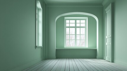 Aufkleber - Monochrome pastel sage green empty room with window in modern house, wall scene mockup for showcase, textured painted wall copyspace