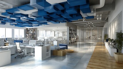 Aufkleber - Modern white and blue open space office interior