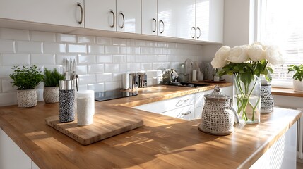 Aufkleber - Modern white kitchen with a wooden worktop and scandinavian style accessories