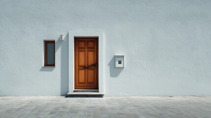 Poster - New house with wooden door and empty white signage, 3d rendering of large patio in modern home