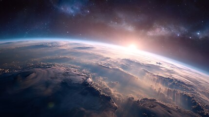 Aufkleber - Panoramic view on planet earth globe from space, glowing city lights, light clouds