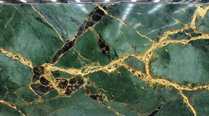 Aufkleber - Polished green marble with gold veins, abstract background texture